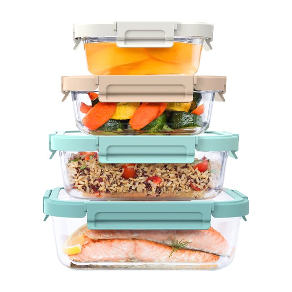 Bentgo®️ Glass Leak-Proof Food Storage Set - 8 Piece Stackable 1-Compartment Meal Prep Containers & Airtight Locking Lids, Reusable & BPA-Free - Microwave, Freezer, Oven & Dishwasher Safe (Coastal)