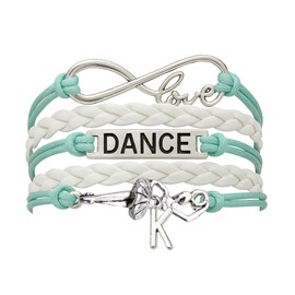 Love Dance Bracelet - White and Teal Braided Multi-Strand Adjustable Dance Accessories Charm Bracelet with Ballerina and Custom Initial Letter Pendant for Dancers