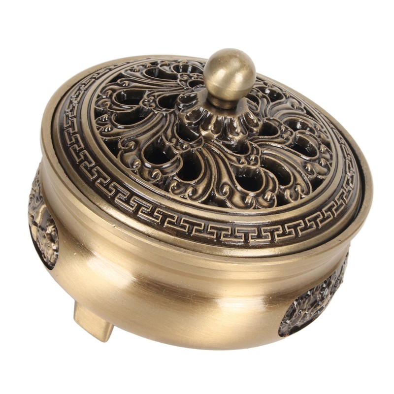 Coil Incense Burner with Lid Antique Beautifully Carved Electroplating Zinc