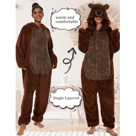 chuangminghangqi One Piece Pyjamas Women's Long Winter Onesie Animal Costume Adult Costume Jumpsuit Women's Cuddly Pyjamas Fleece Onesie Clothing with Hood and Zip, Brown Bear-7126