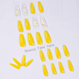 Boaccy Glossy Extra Long Coffin Fake Nails Butterfly Press on Nails Yellow Full Cover clear False Nails for Women Girls (Yellow)