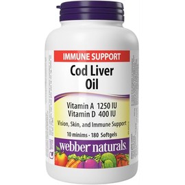 Webber Naturals Webber Naturals Cod Liver Oil with Vitamin A and D3, 180 Softgels, Vision, Skin, and Immune Support