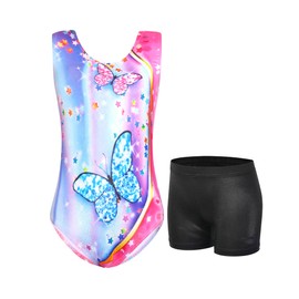 Jinhiteam Leotard for Girls Gymnastics Size 7-8 Years Old Adorable Pink Purple Butterfly with Shiny Shorts Tumblling bodysuits