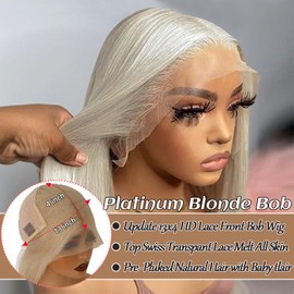 HD Transparent 13X4 Straight Platinum Blonde Bob Wigs Human Hair Straight 180% Density White Glueless Bob Lace Frontal Wigs Human Hair Free Part for Women Pre Plucked with Baby Hair Natural Hairline
