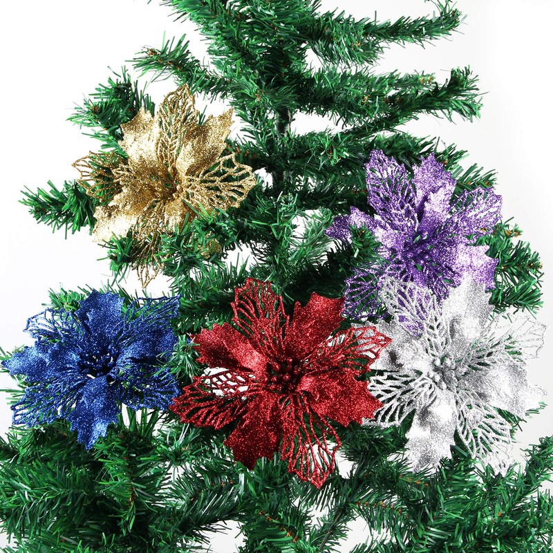 Mobuy Poinsettia Christmas Decorations Christmas Flowers Glitter Christmas Tree Decorations