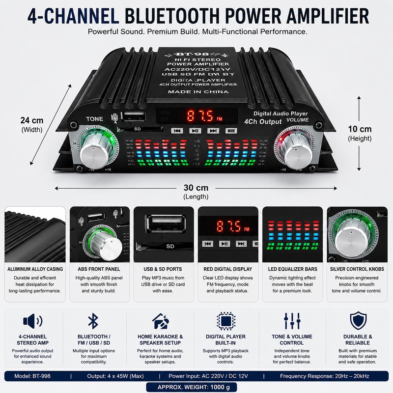Bluetooth HiFi Stereo Amplifier for Karaoke – 4-Channel Audio Amp