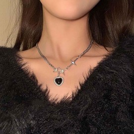 Erimberate Bohemian Crystal Heart Star Choker Necklace Silver Cz Cross Pendant Necklace Onyx Heart Collar Necklace Black Rhinestone Heart Necklace Jewelry for Women Gifts