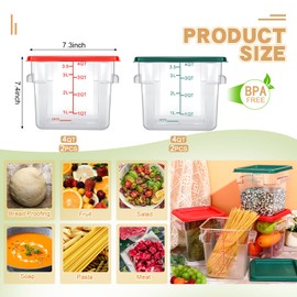 Maxcheck 4 Pcs 4Qt Food Storage Container with Lids Set Square Clear Commercial Containers with Scale and Handle Space Saving for Home Kitchen Restaurant Proof Dough Marinating Meat (Red, Green)