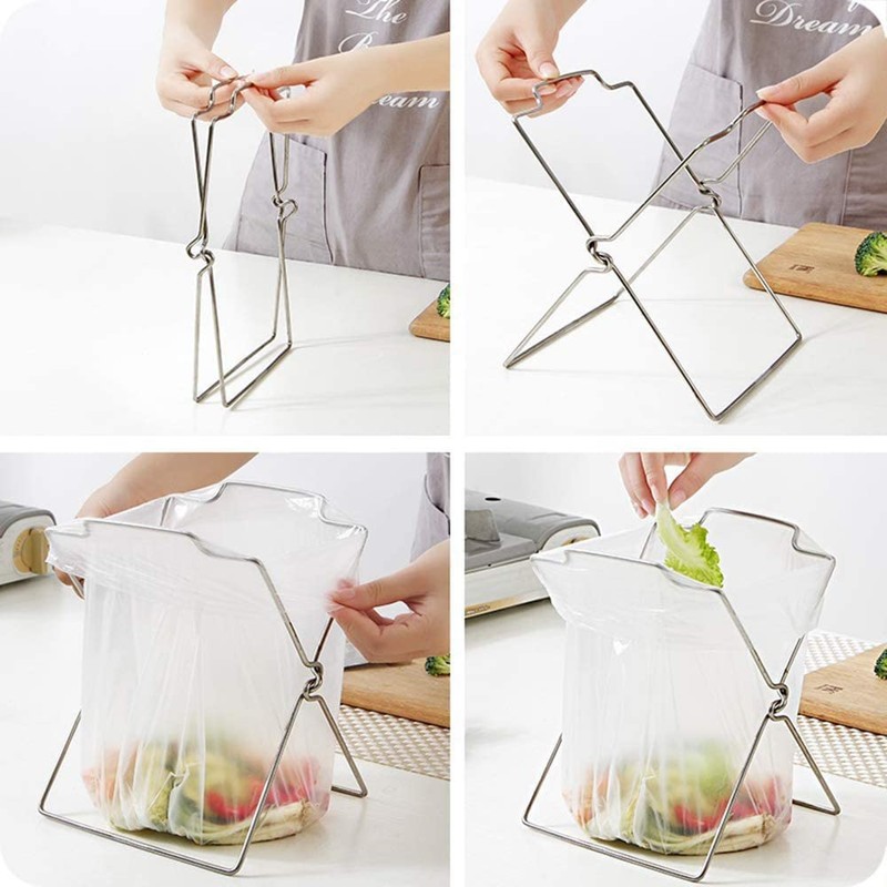 Stainless Steel Trash Bag Holder Folding Garbage Bag Shelf Home