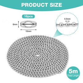 HOTUT Stainless Steel Ball Chain, 5 m Roller Chain Replacement Chain with 16 Pieces Chain Connectors, 4.5 mm Beads Roller Chain Suitable for DIY Jewellery Making, Suitable for Roller Blinds and