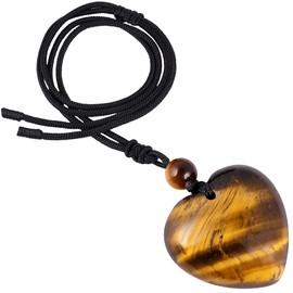 Nupuyai Love Heart Stone Pendant Necklace for Men and Women, Adjustable Amulet Cabochon Gemstone Heart Jewellery, Stone Nylon, Tiger-eye Stone