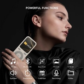 wiwoo 64GB MP3 Player with Bluetooth,Portable HiFi Lossless Sound Bluetooth MP3 Player with Speaker,Voice Recorder,Shuffle for Sport,Hiking,Running,Micro SD Card up to 128GB(Earbuds Included)