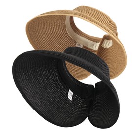 Kyzistn 2Pcs Straw Hat Women Foldable Visor Hats,Sun Visors for Women Wide Brim Straw Ponytail Summer Beach Hat(Beige+Black)