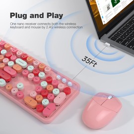 Dilter Wireless Keyboard and Mouse Combo, 104 Keys Full-Sized 2.4 GHz Round Keycap Colorful Keyboards, USB Receiver Plug and Play, for Windows, PC, Laptop, Desktop (Pink)