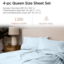 Threadmill Supima Cotton Queen Sheet Set, 1200 Thread Count for Queen Mattresses, 4 Piece American Luxury Bed Sheets, Sateen Hotel Quality Sheets with Elasticized Deep Pocket, Light Blue