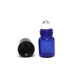 Essential Oil Roller Bottle 50 - 2ml COBALT BLUE Glass Vial/Bottle Micro Roller (50) w/ Stainless Steel Roller Inserts and Flat Black Screw Caps - Pack of 50