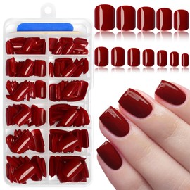 AddFavor Dark Red Press on Nails Short Square Fake Nails, 240pc Short Nails Press ons 12 Sizes Squoval False Acrylic Nail Stick on Nails for Women