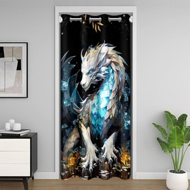 Castle Fairy 3D Western Dragon Door Curtain Thunder Lightning Doorway Curtain Golden Shiny Diamond Closet Curtain Dragon Animal Drape for Bedroom Privacy 1 Panel 34" W X 80" L