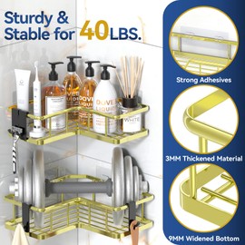 YASONIC Shower Caddy Corner, 5-Pack Shower Corner Shelf with 12 Hooks, Rustproof Shower Storage for Inside Shower, No Drilling Shower Organizer Corner, Large Capacity Corner Shower Shelves, Gold