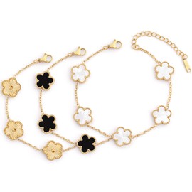 ZZLTAWS 18k Gold Plated Four Leaf Clover Bracelet for Women Stackable Lucky Clover Bracelet Set Trendy Non Tarnish Gold Jewelry Adjustable for Women Birthdays Holidays Gifts 3pcs (Gold+Black+White)