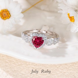 BELLNA S925 Sterling Silver Birthstone Rings for Women Engagement Ring For Women Adjustable Promise Rings for Wife, Mom, Daughter Jewelry Birthday Wedding Anniversary Valentines Gifts (Heart Jul)