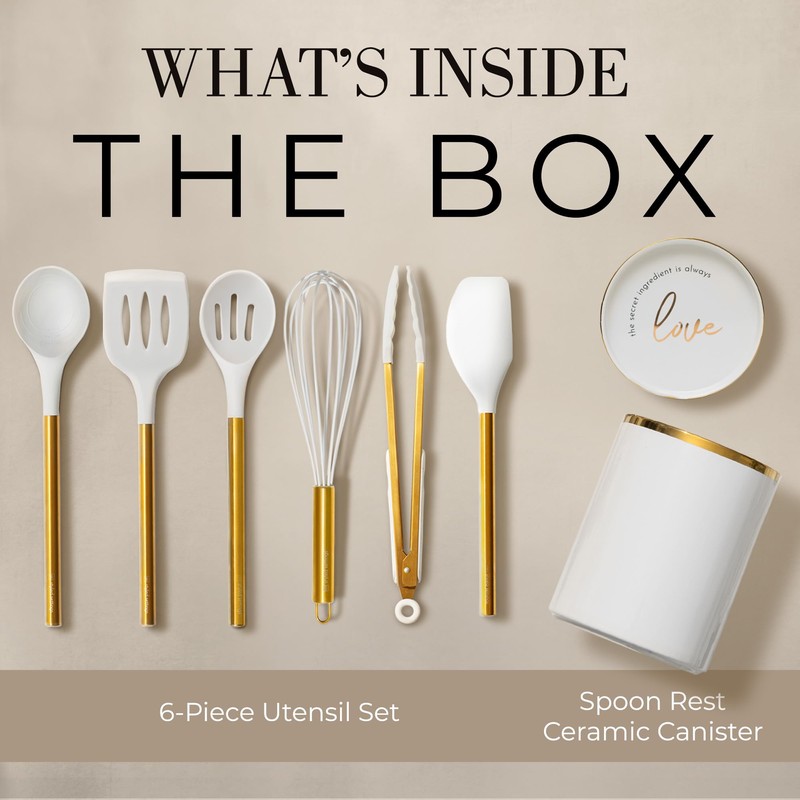 8 Piece White and Gold Kitchen Utensils – White Silicone