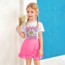 HSOXLQF Kids Toddler Girl Summer Clothes Letter Printed T-Shirt Top＋ Floral Skirt 2pcs Girl's Skirt Set(7-8T)