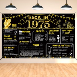DARUNAXY 50th Birthday Black Gold Party Decoration, Back in 1975 Banner 50 Year Old Birthday Party Poster Supplies Vintage 1975 Backdrop Photography Background for Men & Women 50th Class Reunion Decor