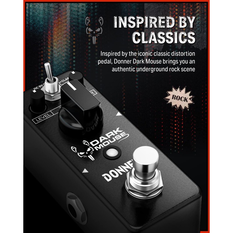 Donner Dark Mouse Distortion Pedal for Pedalboard Electric Guitar, 2