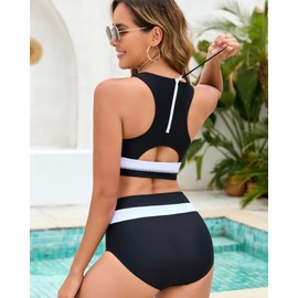Dipinon Women's High Waisted Bikini Sets Two Piece Swimsuit Color Block Sporty Athletic Scoop Neck Bathing Suits (Black,White,M)