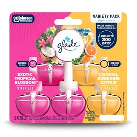 Glade PlugIns Refills Air Freshener, Exotic Tropical Blossoms & Coastal Sunshine Citrus, Scented and Essential Oils for Home and Bathroom, 0.67 Fl Oz, 5 Count