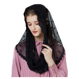 BEAUTELICATE Women's Mantilla Catholic Veil Lace Chapel Scarf Stole Headwear Lace Black White for Catholic Church Latin Mass Church Wedding Bridal V104, black