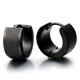 Pair of Black Huggie Hinged Hoop Earrings Unisex Men Women, Satin Finishing