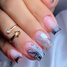 DANMANR Press on Medium Nails Line False Nails Full Cover Acrylic Butterfly Fake Gradient Square Nails for Women and Girls 24PCS