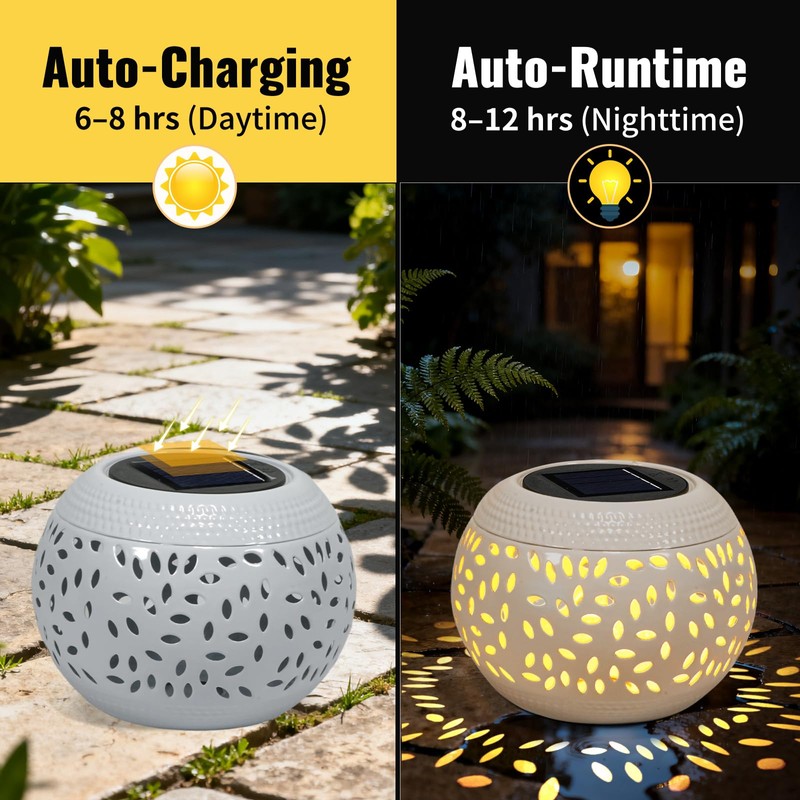 Solar Powered Table Light Waterproof - White Metal Retro Hollowed-Out