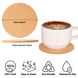 YHCORK Posavasos de corcho para bebida, color marrón natural, redondos de 3.5 pulgadas, 0.14 pulgadas de grosor, juego de 20, posavasos absorbentes en oficina, hogar o fiesta