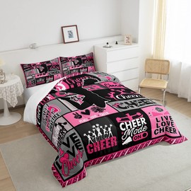 Cheer Sports Comforter for Girls Kids,Cheerleader Comforter Set Queen Size Home Decor,Soft Pink Gray Black Bedding Set,Girls Dancer Teens Bedroom Down Duvet,1 Comforter with 2 Pillowcases