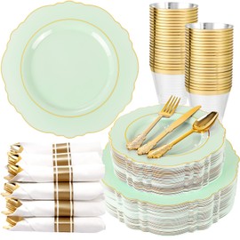Liacere 350PCS Light Green Plates - Disposable Green and Gold Plastic Plates 50guest Baroque Plastic Dinnerware include 100Plates, 50Pack Pre Rolled Napkins with Silverware 50Cups for Wedding&Easter