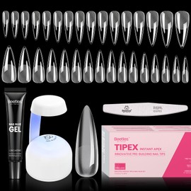 Beetles Tipex Instant Apex Nail Tips Kit, Stiletto Long, 224pcs 16 Sizes, with Tipex UV Nail Glue Mini Nail Lamp,Pre-Building Pre-Etched Strong Thicker Acrylic Nail Tips Set