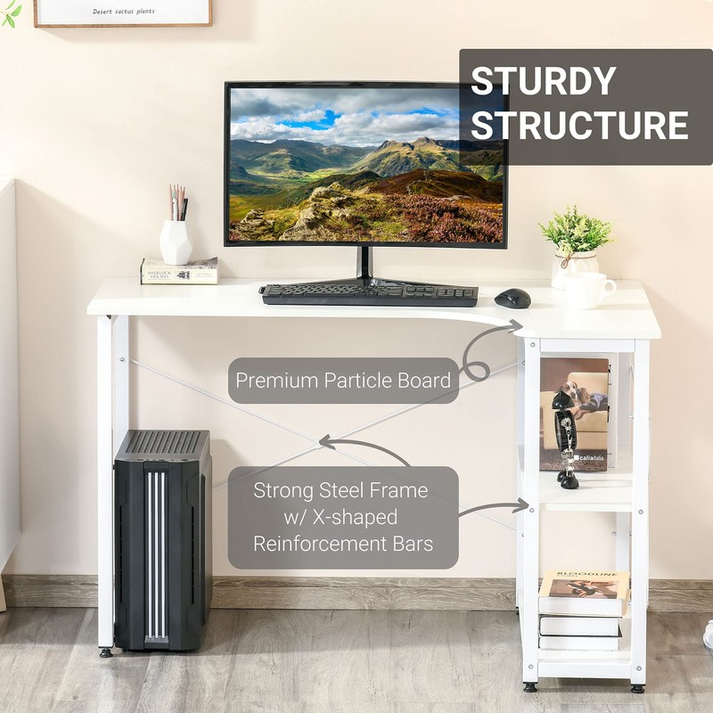 L-Shaped Computer Desk, Corner Workstation with 2 Side Shelves, White