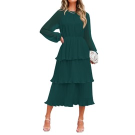 ZESICA Women's 2025 Long Sleeve Crew Neck Ruffle Tiered Layered Chiffon Flowy Swing Long Midi Dress,DarkGreen,X-Large