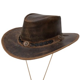 Dream Apparel Brown Leather Cowboy Hat for Men Women Western Australian Outback Hat with Shapeable Wide Brim, Aussie Style Genuine Leather Hat, Size XL
