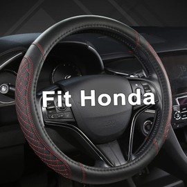 West Llama Customized Auto Car Steering Wheel Cover for Honda Civic, CR-Z, Insight, S2000, 14" - 14.25" (Diamond Quilted-Black+Red-Small Size)