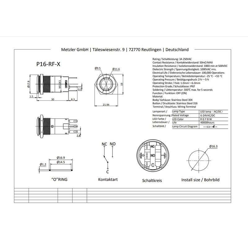 Metzler - Pressure Switch 16mm - LED Ring Lighting Yellow