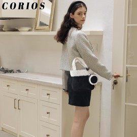CORIOS Women's Lambswool Shoulder Bag, Plush Handbag, Small Carry Bag, Suede Tote Bag, Faux Fur, Fluffy Handbag, Retro Work, Travel, Shopper Shoulder Bag, 2 Pieces, black