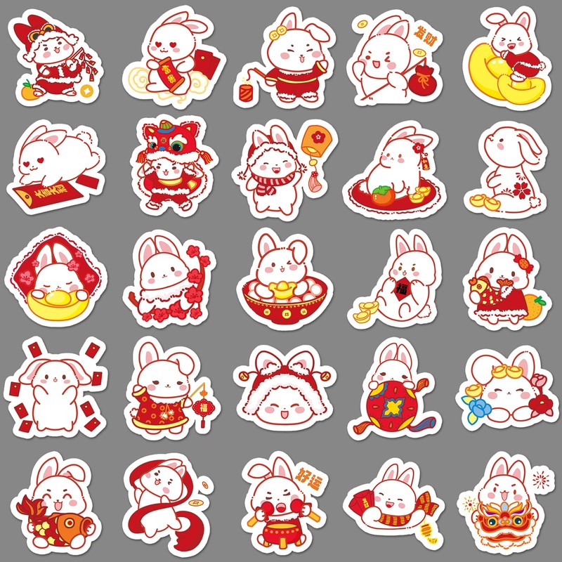 50PCS Cute Cartoon Rabbits Sticker Decoration Festive Red 2023 New
