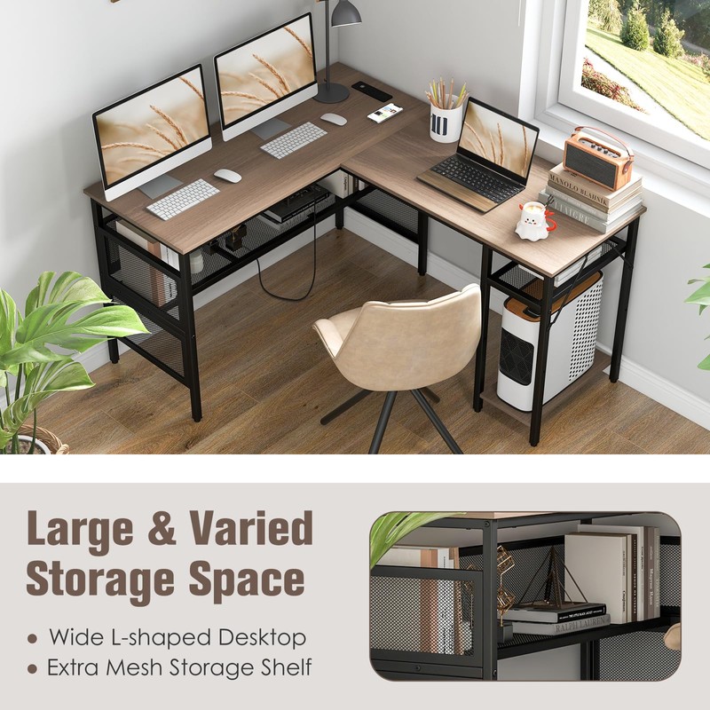 COSTWAY L Shaped Desk with Charging Station, 55” Reversible Corner