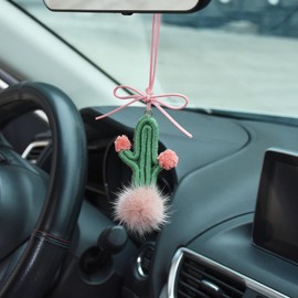 AuMoHall Crochet Cactus Car Rear View Mirror Pendant Fuzzy Plants Car Charm Hanging Ornament for Car Interior Decoration, Green