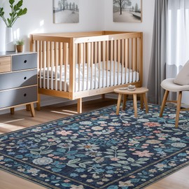 YIHOUSE Floral Blue 4x6 Washable Area Rug, Non Slip Boho Soft Bedroom Rug, Ultra Thin Colorful Flower Throw Carpet for Living Room Nursery Dorm Dark Blue,4'x6'