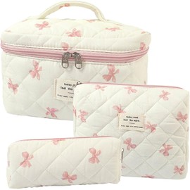 Dkieuyu 3 Pcs Quilted Makeup Bag Set,Coquette Bow Make up Bag,Cute Floral Makeup Bags Large Travel Toiletry Cosmetic Bag Organizer for Women Girls (L-3PCS)